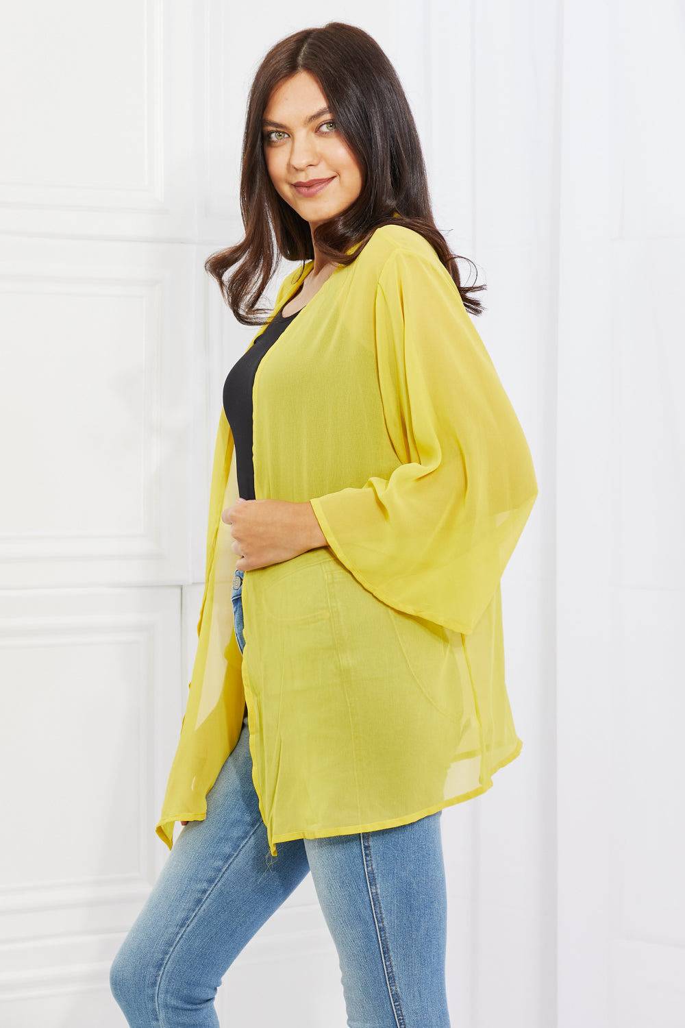 Melody Just Breathe Full Size Chiffon Kimono in Yellow