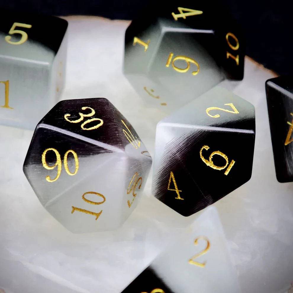 Gemstone: Black White Cat Eye Gold Numbers Dice Set