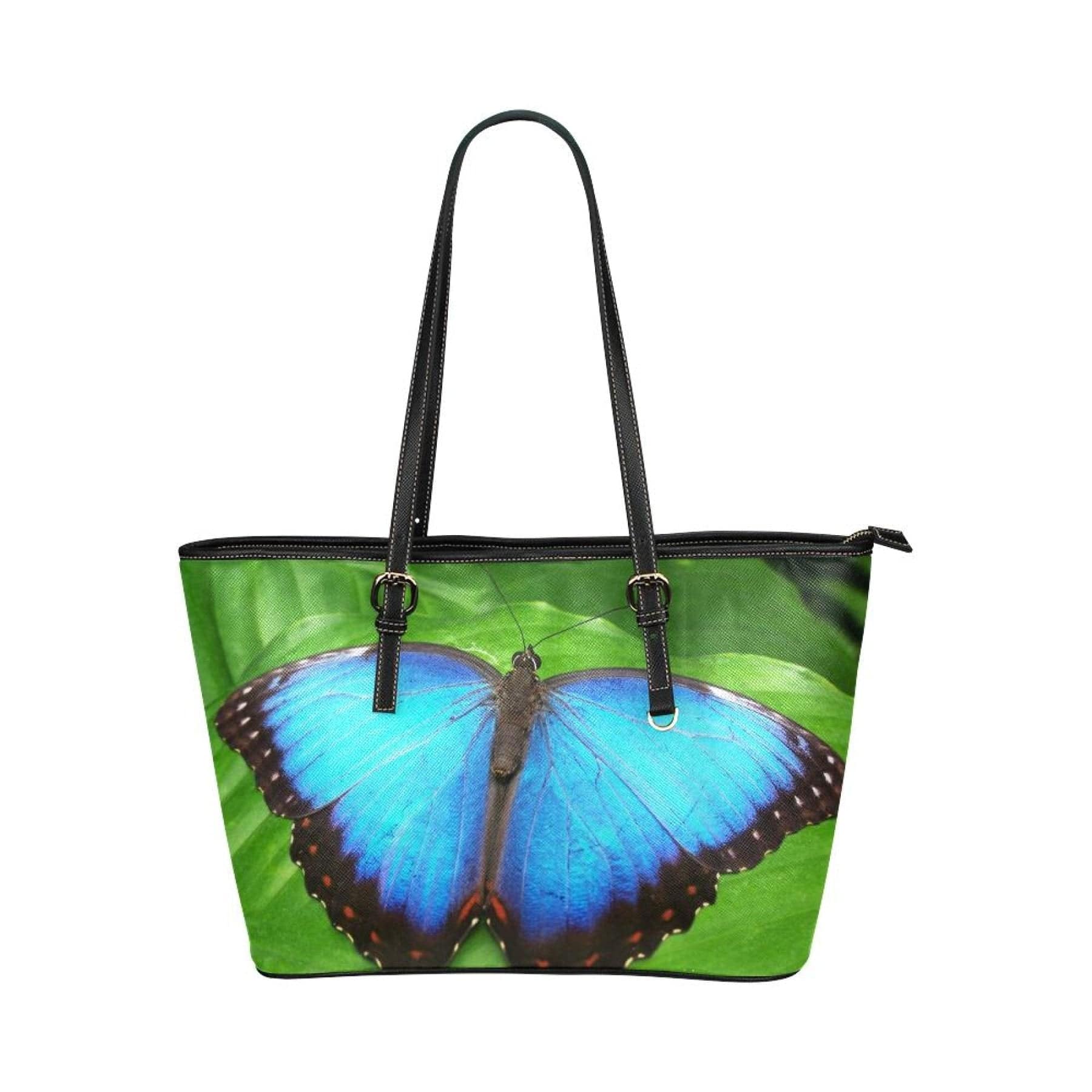 Vibrant Blue Butterfly | Large Leather Tote Shoulder Bag | Handbag