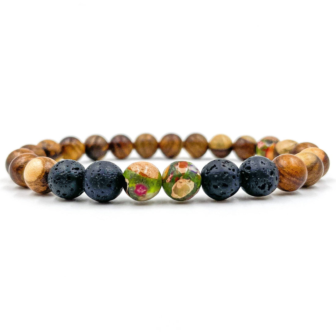 Central - Rainbow Jasper, Lava Rock, &amp; Sandalwood Mala Beaded Bracelet-0