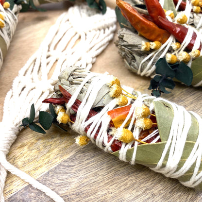 White Sage &amp; Copal Smudge Stick with Red Chili Peppers, Bay Leaves,  4 &quot;-4