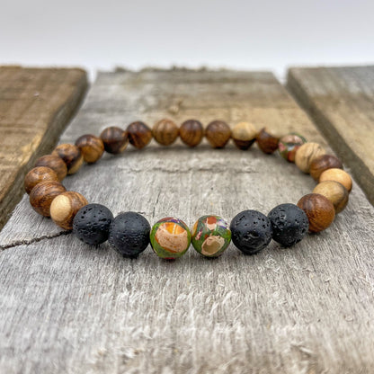 Central - Rainbow Jasper, Lava Rock, &amp; Sandalwood Mala Beaded Bracelet-2