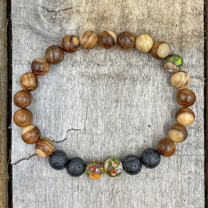 Central - Rainbow Jasper, Lava Rock, &amp; Sandalwood Mala Beaded Bracelet-3