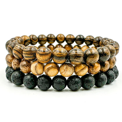 Premium 3 Pack Beaded Bracelet Stack - Sandalwood &amp; Lava Rock-0