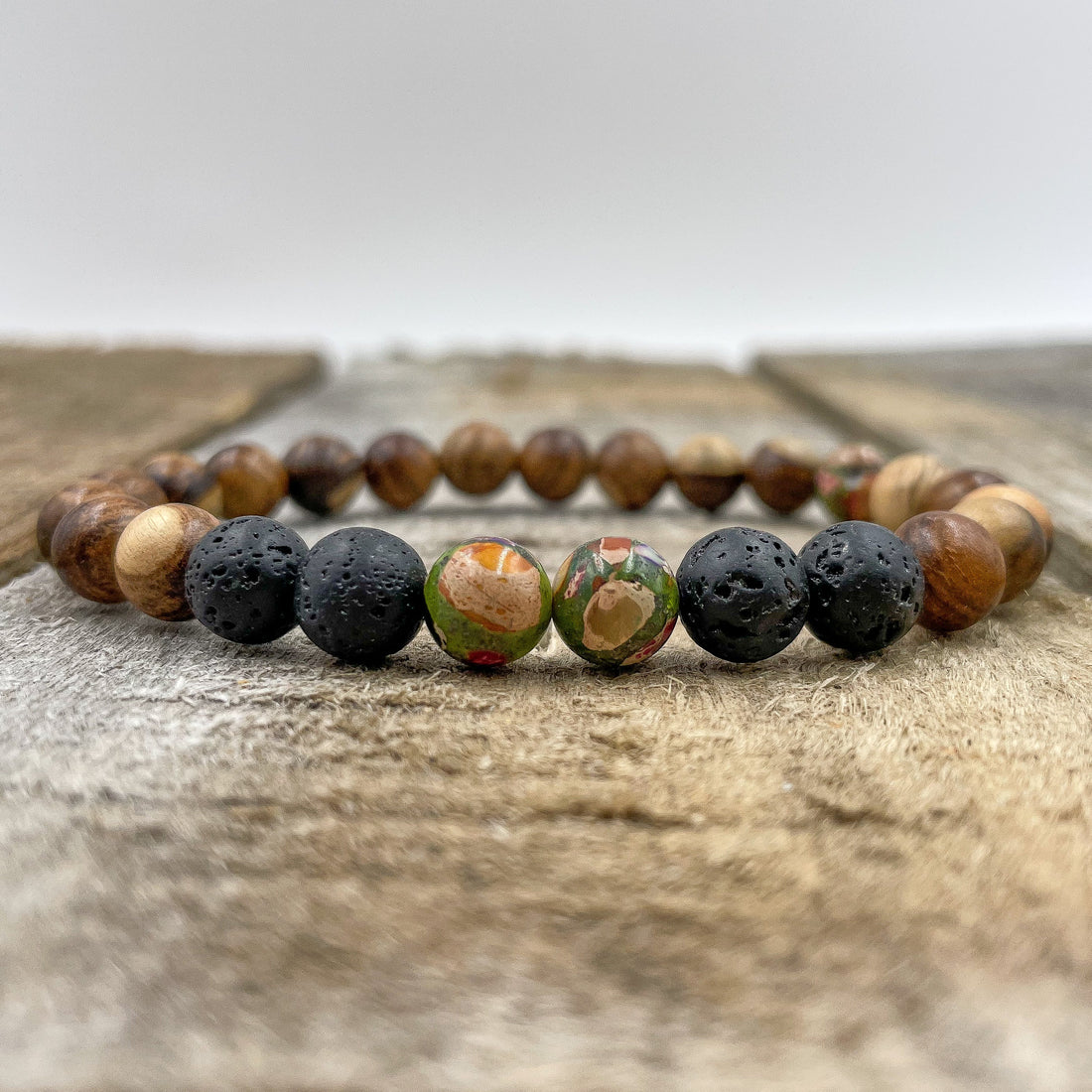 Central - Rainbow Jasper, Lava Rock, &amp; Sandalwood Mala Beaded Bracelet-1