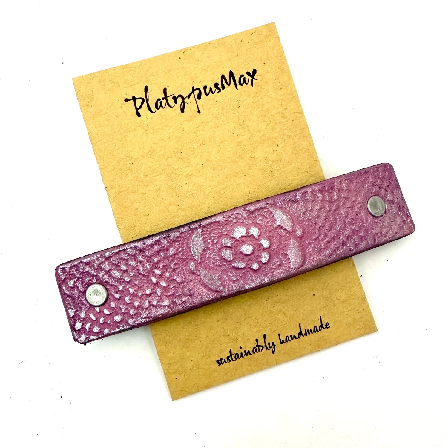 Rustic Pink Pewter Lace Flower Leather Hair Barrette-0