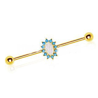 Gold Plated Halo White Synthetic Opal Industrial Barbell-1