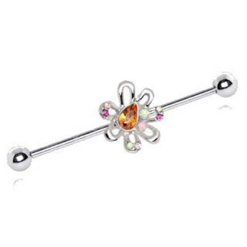 316L Stainless Steel Multihued Flower Industrial Barbell-0