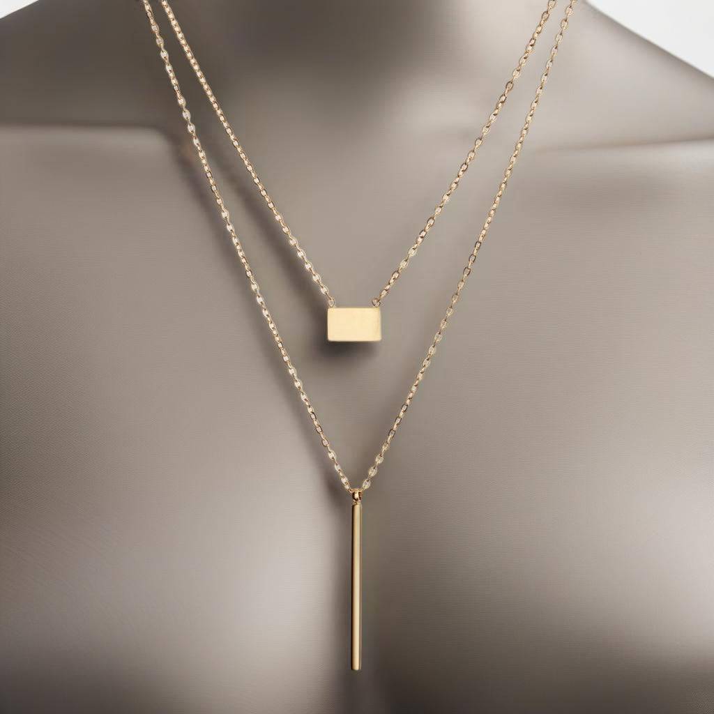 Double Strand Bar Drop &amp; Plain Charm Necklace | Gold-Tone Stainless Steel