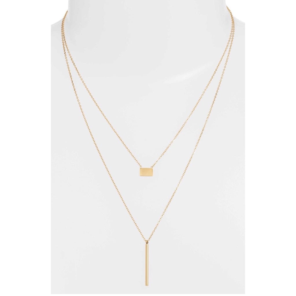 Double Strand Bar Drop &amp; Plain Charm Necklace | Gold-Tone Stainless Steel