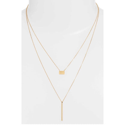 Double Strand Bar Drop &amp; Plain Charm Necklace | Gold-Tone Stainless Steel