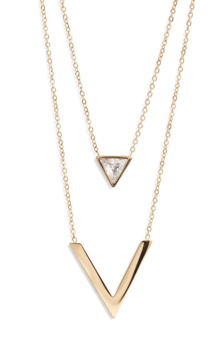 Double Inset V Necklace with Triangle Focal | Stainless Steel &amp; CZ