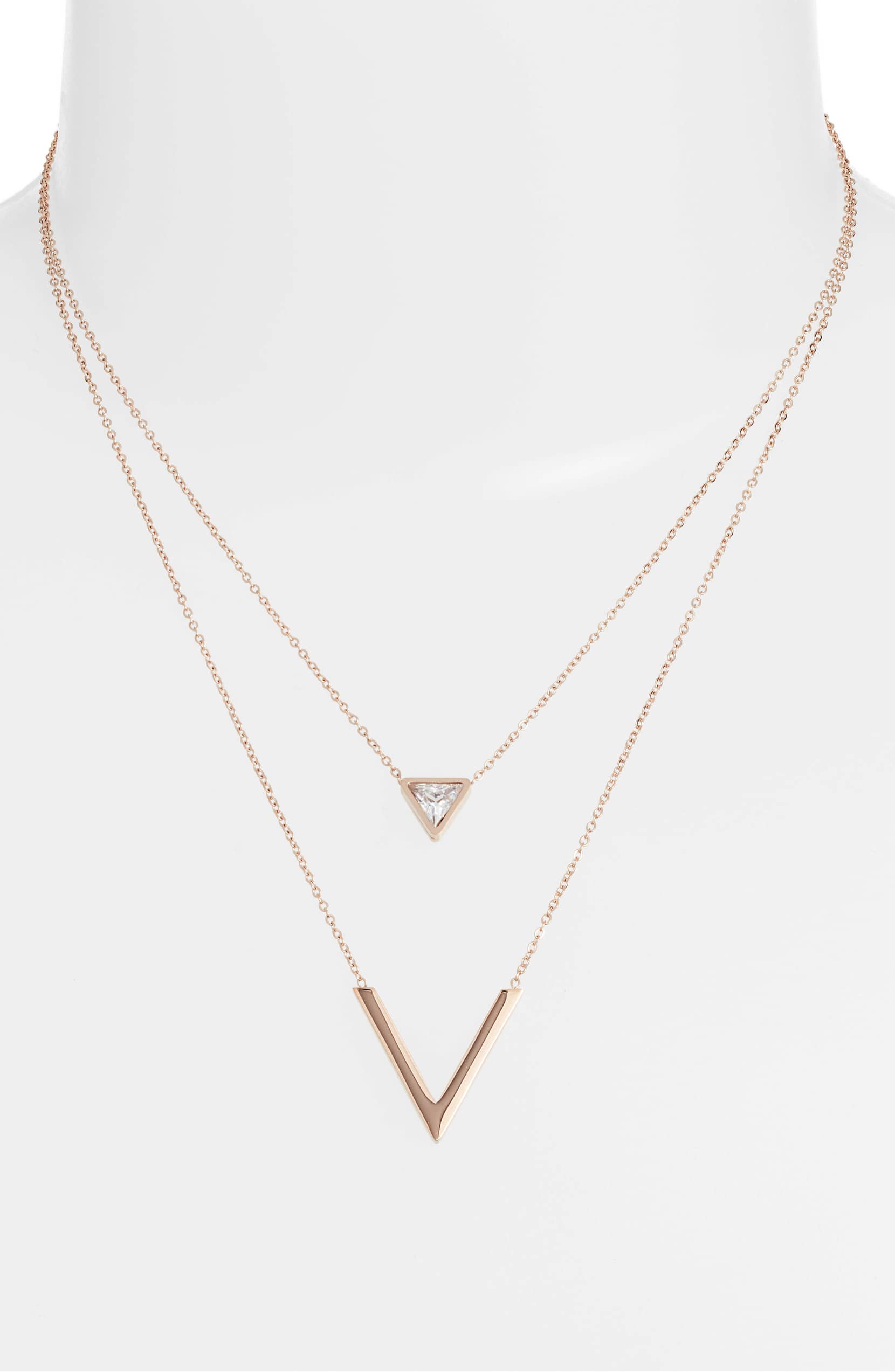 Double Inset V Necklace with Triangle Focal | Stainless Steel &amp; CZ