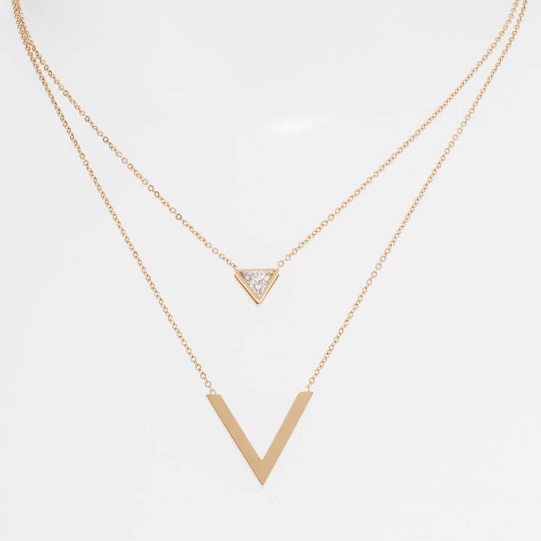 Double Inset V Necklace with Triangle Focal | Stainless Steel &amp; CZ