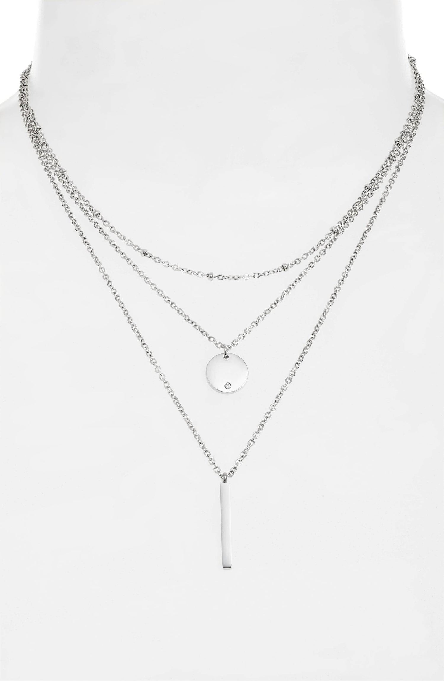 Triple Strand Necklace | Bar &amp; Round Pendants | Stainless Steel &amp; CZ | More Colors Available