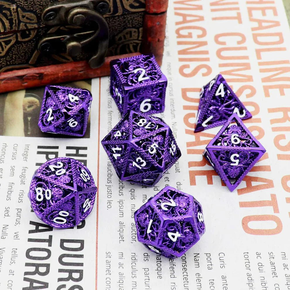 Kraken: Hollow Metal Dice Set, Purple White Numbers - HartCentered