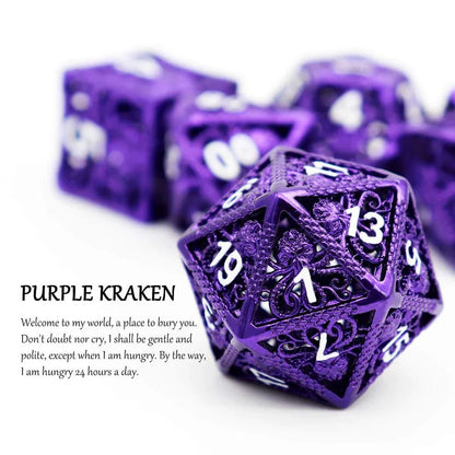 Kraken: Hollow Metal Dice Set, Purple White Numbers - HartCentered