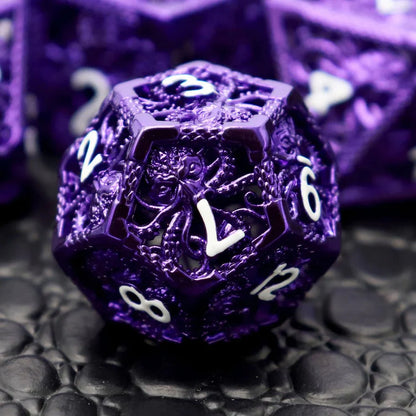 Kraken: Hollow Metal Dice Set, Purple White Numbers - HartCentered