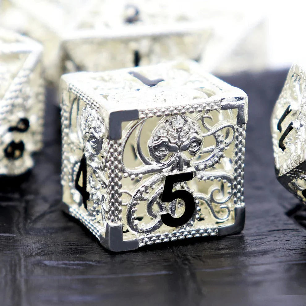 Kraken: Hollow Metal Dice Set, Silver Black Numbers - HartCentered