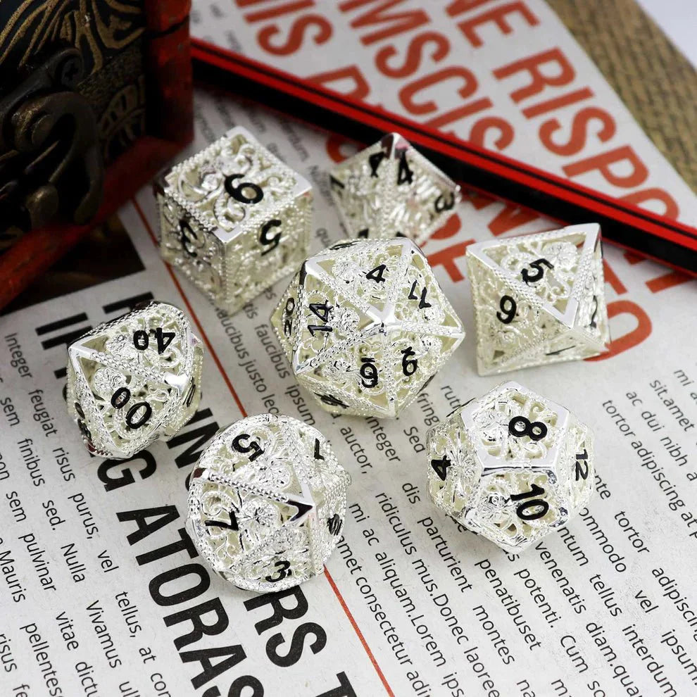 Kraken: Hollow Metal Dice Set, Silver Black Numbers - HartCentered