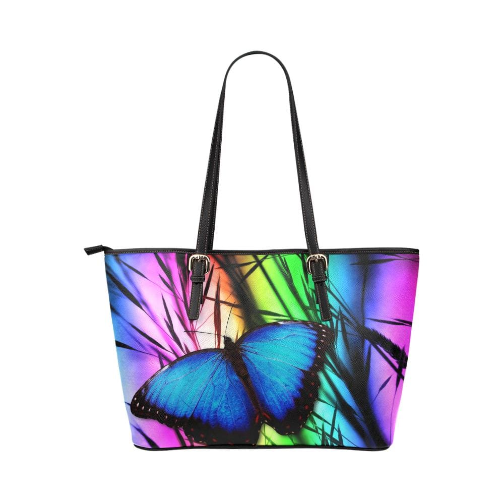 Large Leather Tote Shoulder Bag - Purple And Black Blue Butterfly Pattern Illustration-1