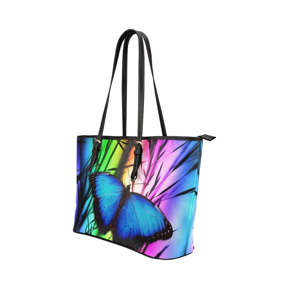 Large Leather Tote Shoulder Bag - Purple And Black Blue Butterfly Pattern Illustration-2