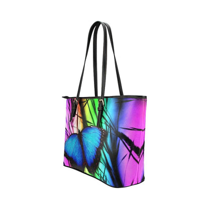 Large Leather Tote Shoulder Bag - Purple And Black Blue Butterfly Pattern Illustration-4