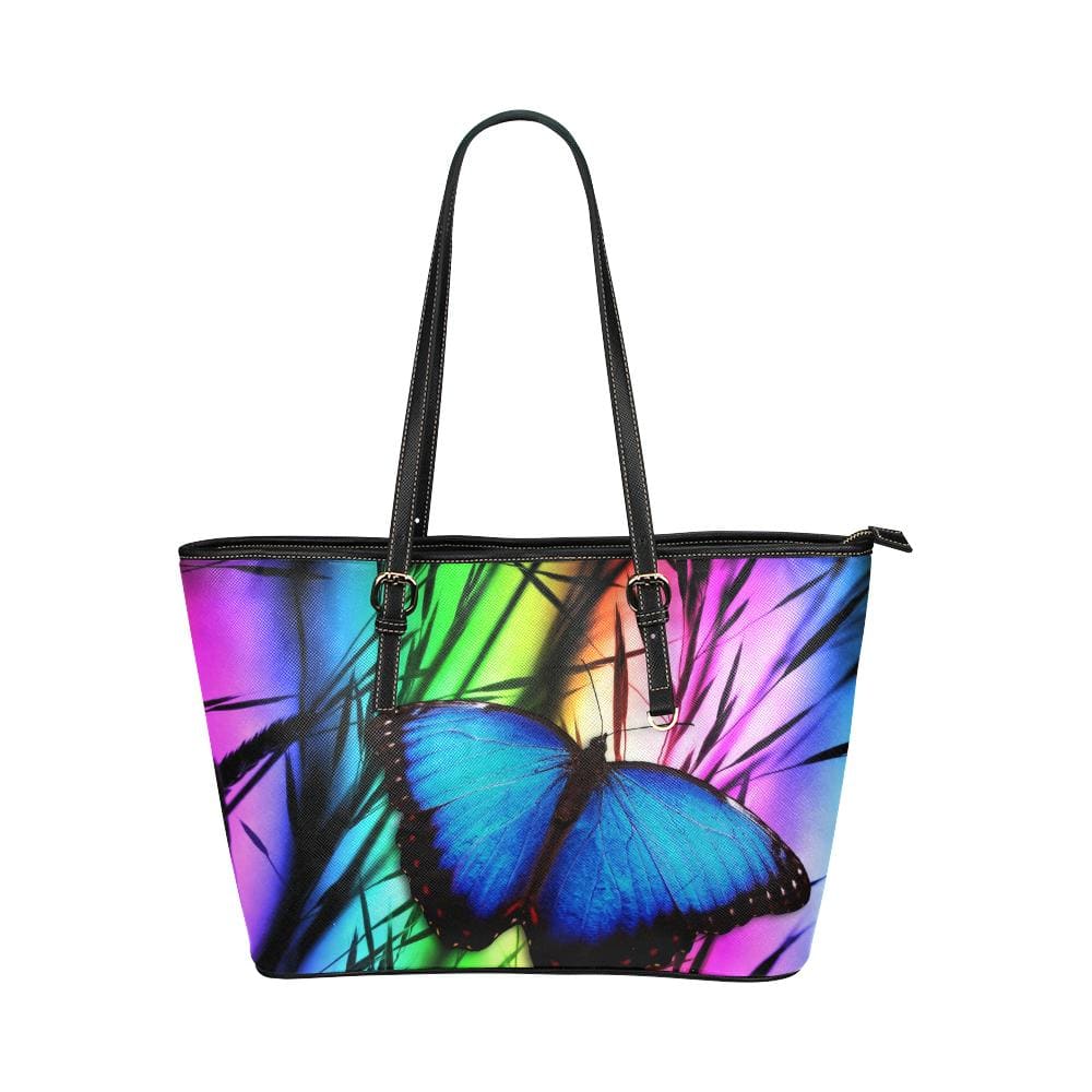 Large Leather Tote Shoulder Bag - Purple And Black Blue Butterfly Pattern Illustration-0