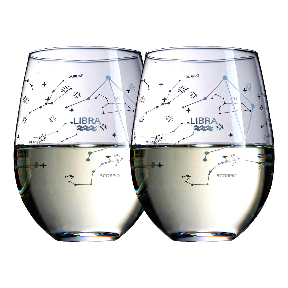 Set of 2 Zodiac Sign Wine Glasses with 2 Wooden Coasters by The Wine Savant - Astrology Drinking Glass Set with Etched Constellation Tumblers for Juice, Water Home Bar Horoscope Gifts 18oz (Libra)-0