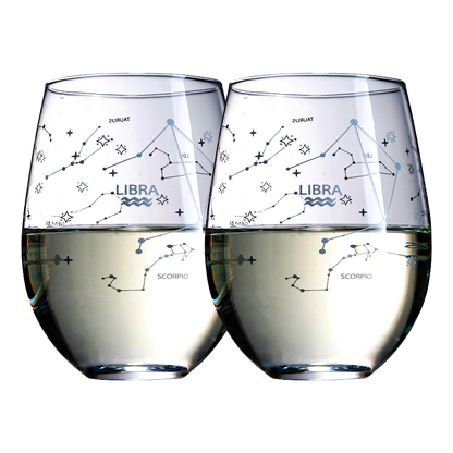 Set of 2 Zodiac Sign Wine Glasses with 2 Wooden Coasters by The Wine Savant - Astrology Drinking Glass Set with Etched Constellation Tumblers for Juice, Water Home Bar Horoscope Gifts 18oz (Libra)-0