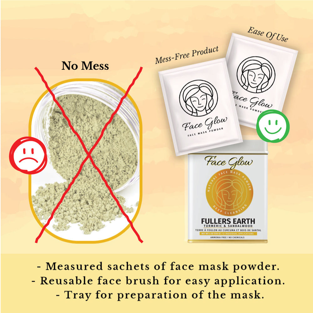 Face Glow- Fuller’s Earth w/ Turmeric &amp; Sandalwood- 12 Individual Sachets of Multani Mitti (10 gm each)- Reusable Brush &amp; Tray Included-3