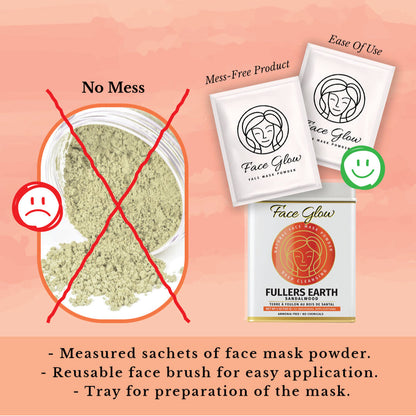 Face Glow- Fuller’s Earth w/ Sandalwood - 12 Individual Sachets of Multani Mitti (10 gm each)- Reusable Brush &amp; Tray Included-3