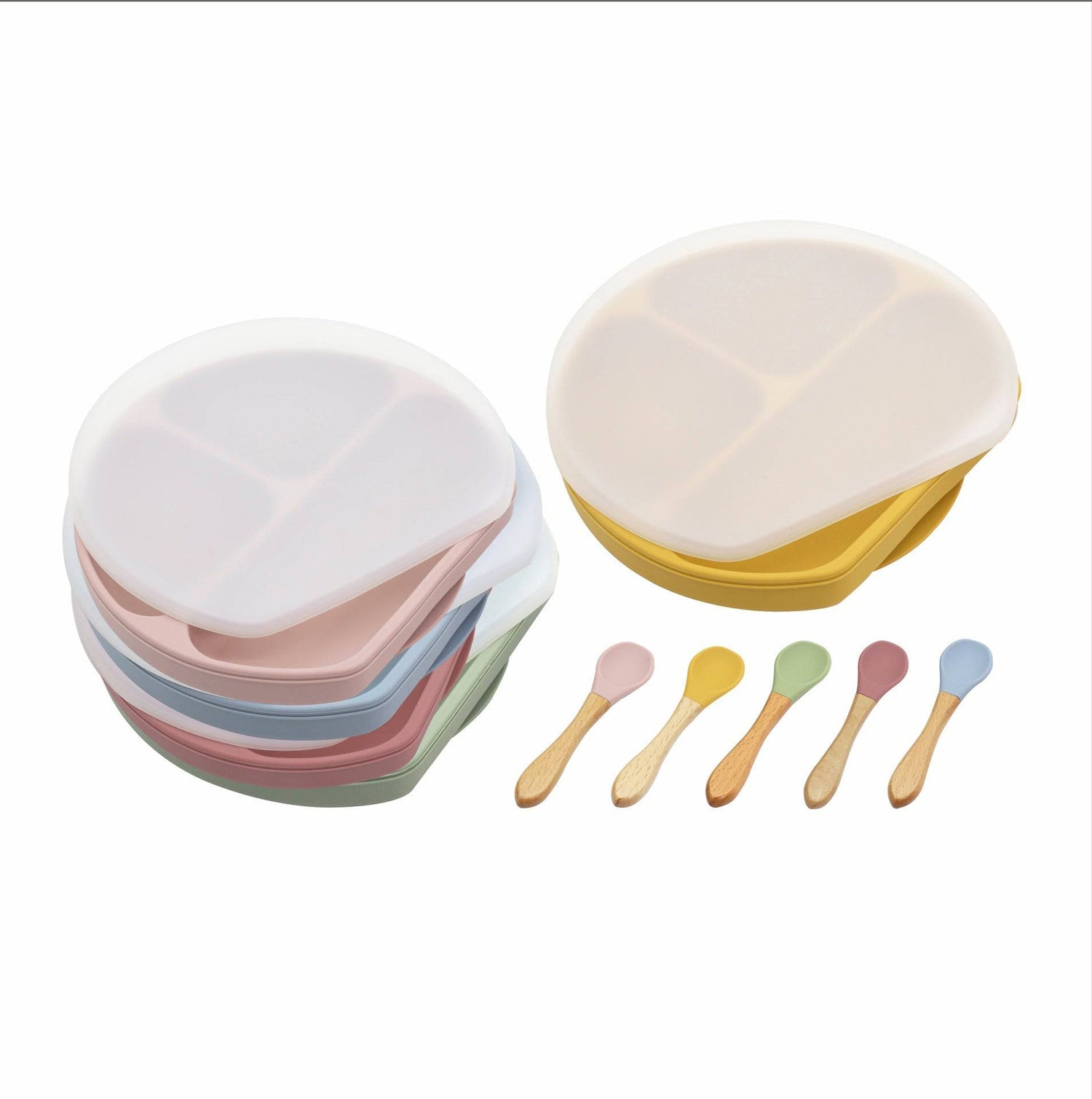 Baby Silicone Compartment Plate With Wooden Spoon