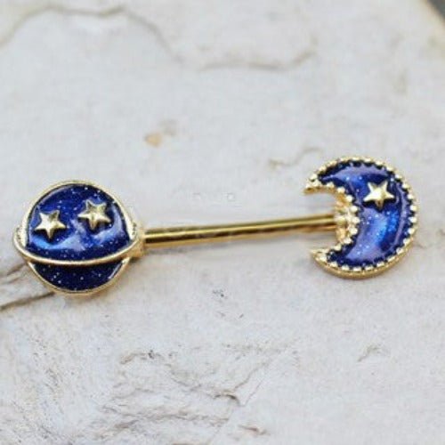 Gold Plated Blue Galaxy Stardust Nipple Bar-0