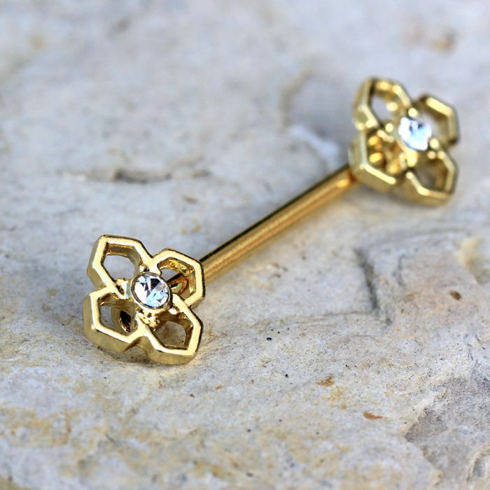 Gold Plated Pinwheel Flower Nipple Bar-0