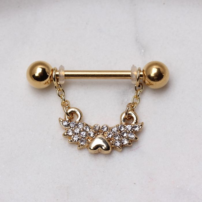 Gold Plated Jeweled Winged Heart Nipple Ring-0