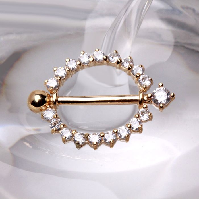 14Kt Yellow Gold Nipple Ring with Round CZ- Close up, Gray marbled BG