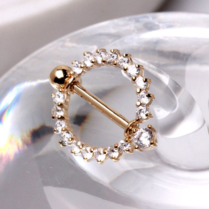 14Kt Yellow Gold Nipple Ring with Round CZ- Gray Marbled BG 2