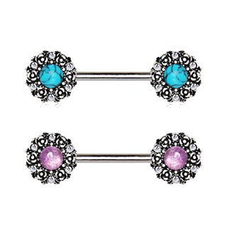 316L Stainless Steel Medieval Rose Nipple Bar Set with Stone Inlay-1