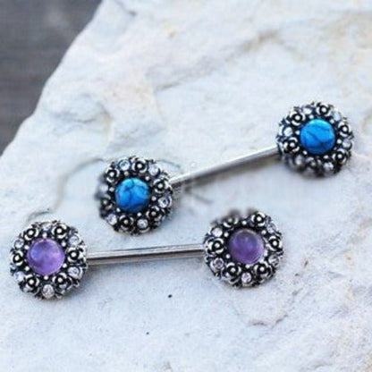 316L Stainless Steel Medieval Rose Nipple Bar Set with Stone Inlay-0