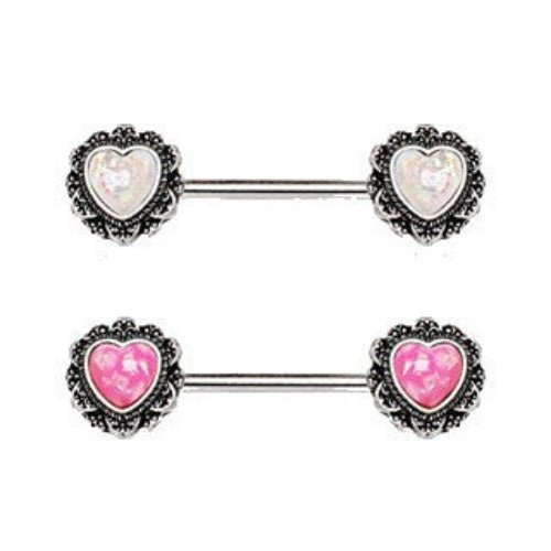 316L Stainless Steel Filigree Synthetic Opal Heart Nipple Bars-0