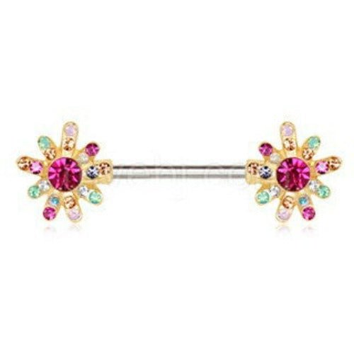 Gold Plated Rainbow CZ Flower Nipple Bar-1