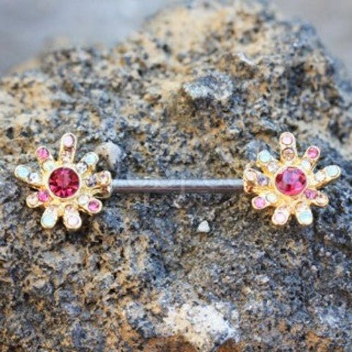 Gold Plated Rainbow CZ Flower Nipple Bar-0