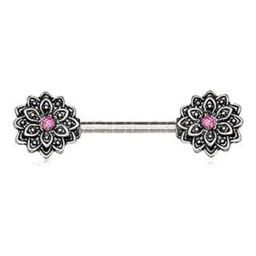 316L Stainless Steel Pink Synthetic Opal Lotus Flower Nipple Bar-0