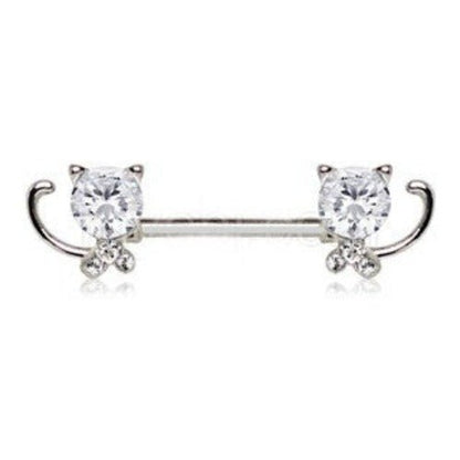 316L Stainless Steel Jeweled Kitty Cat Nipple Bar-1