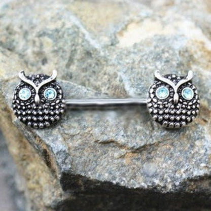 316L Stainless Steel Blue Eyed Owl Nipple Bar-0