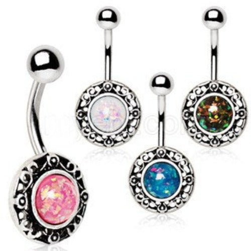 316L Stainless Steel Antique Navel Ring with Adorned Synthetic Opal-0