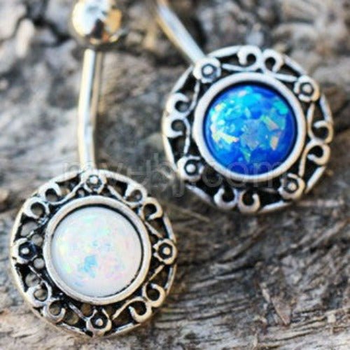 316L Stainless Steel Antique Navel Ring with Adorned Synthetic Opal-2