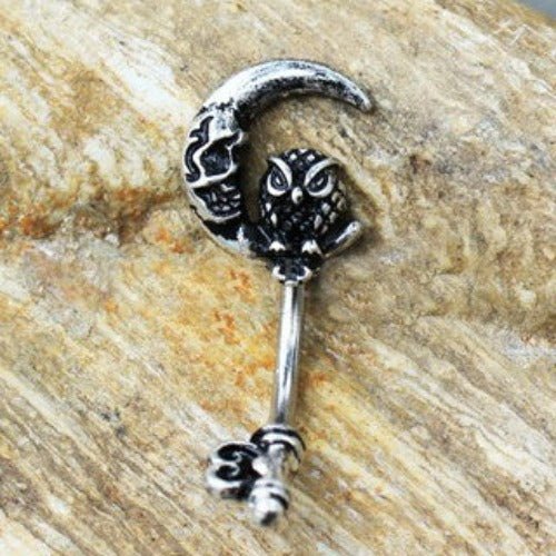 316L Stainless Steel Gothic Owl on the Moon Skeleton Key Navel Ring-0