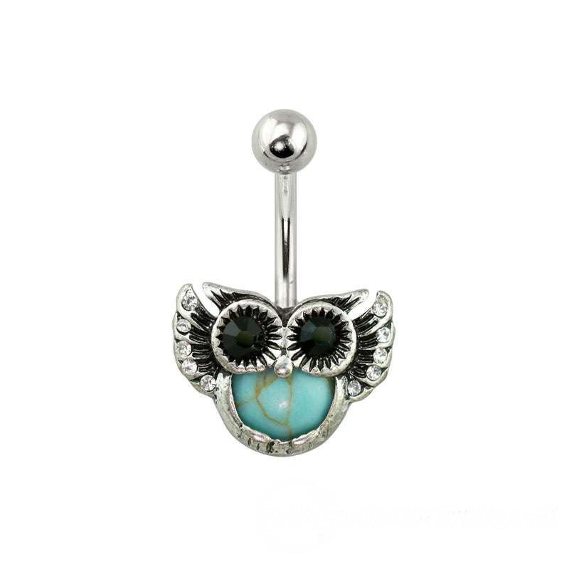 Antique Silver Turquoise Gem Owl 316L Surgical Steel Navel Ring-0